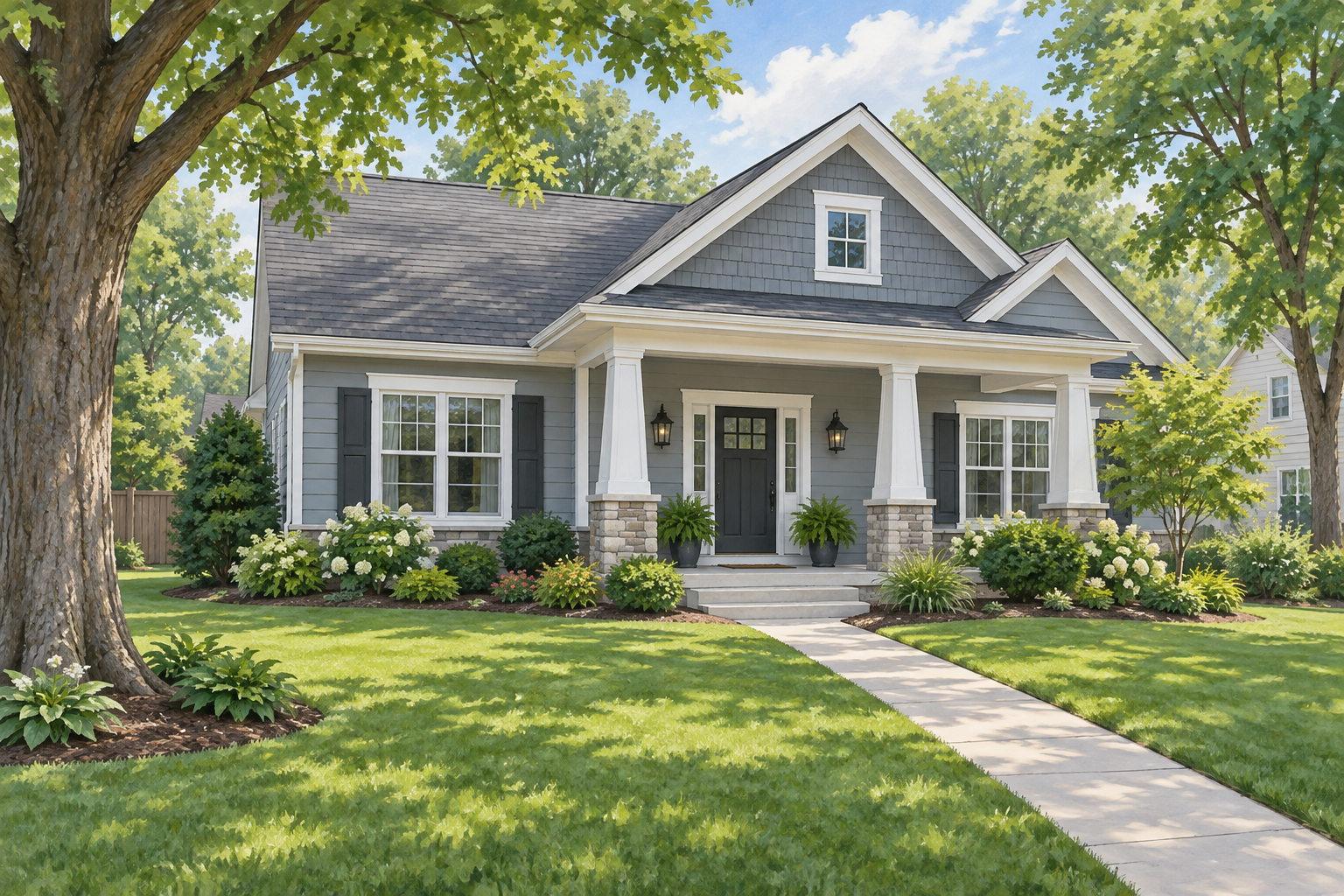 Illustrative blue-gray home with a gabled roof, white porch columns and front walkway; not a customer property photograph. Illustrative blue-gray home with a gabled roof, white porch columns and front walkway; not a customer property photograph.