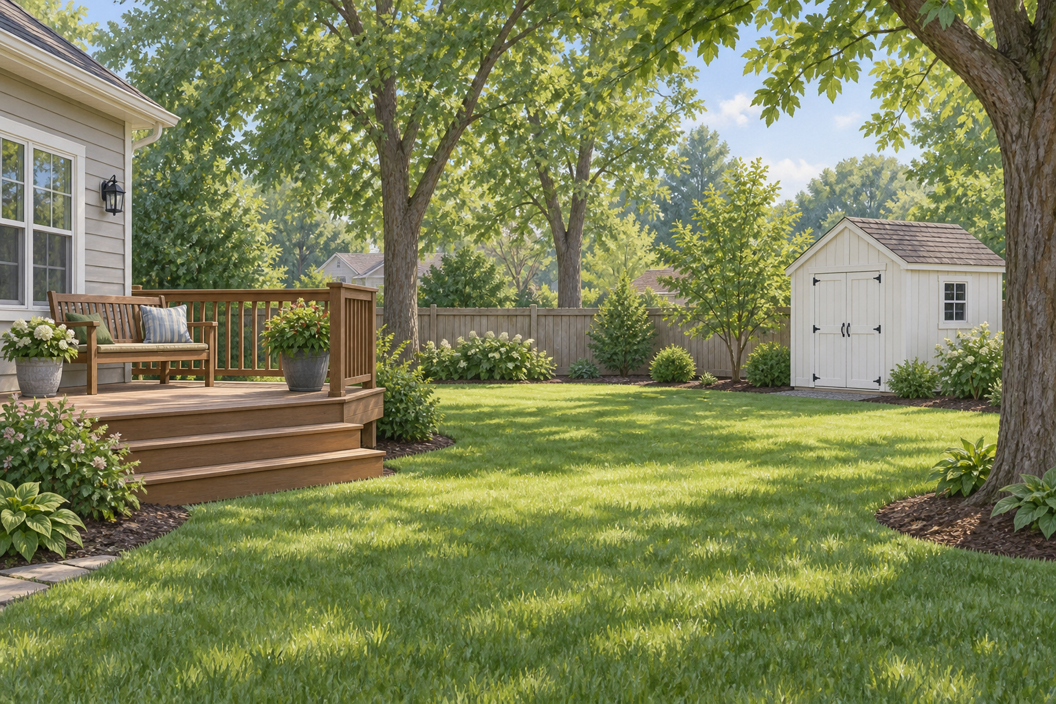 Illustrative backyard lawn with a low wooden deck, bench and off-white shed; not a customer property photograph. Illustrative backyard lawn with a low wooden deck, bench and off-white shed; not a customer property photograph.
