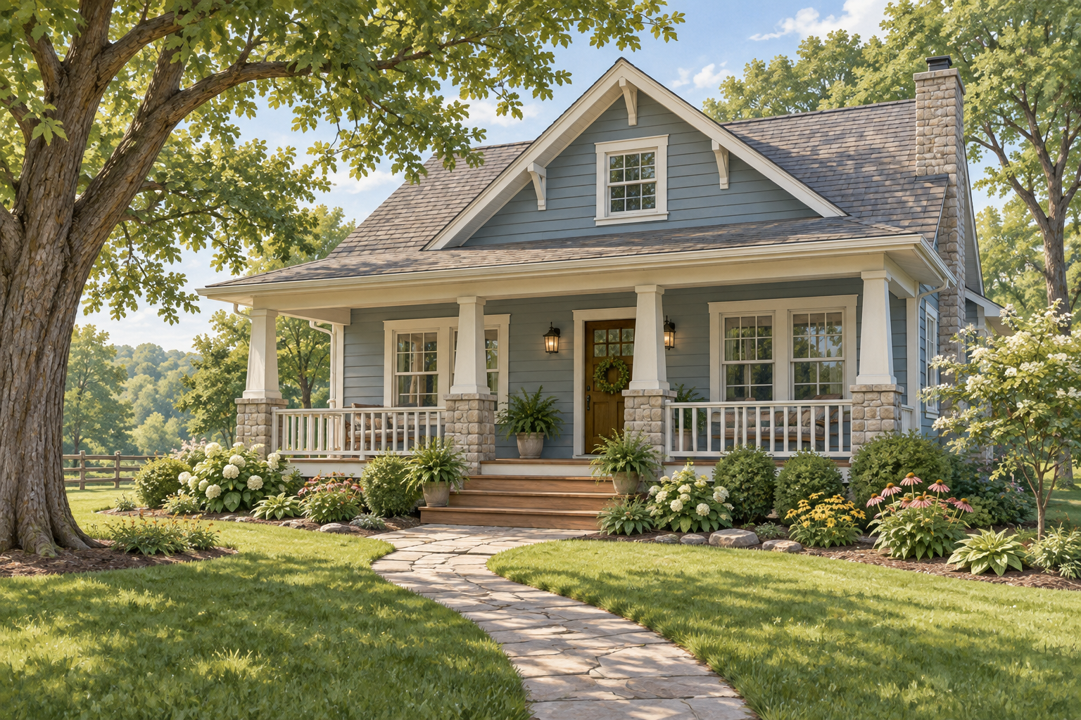 Illustrative dusty-blue cottage with a wooden porch, cream trim and garden walkway; not a customer property photograph. Illustrative dusty-blue cottage with a wooden porch, cream trim and garden walkway; not a customer property photograph.