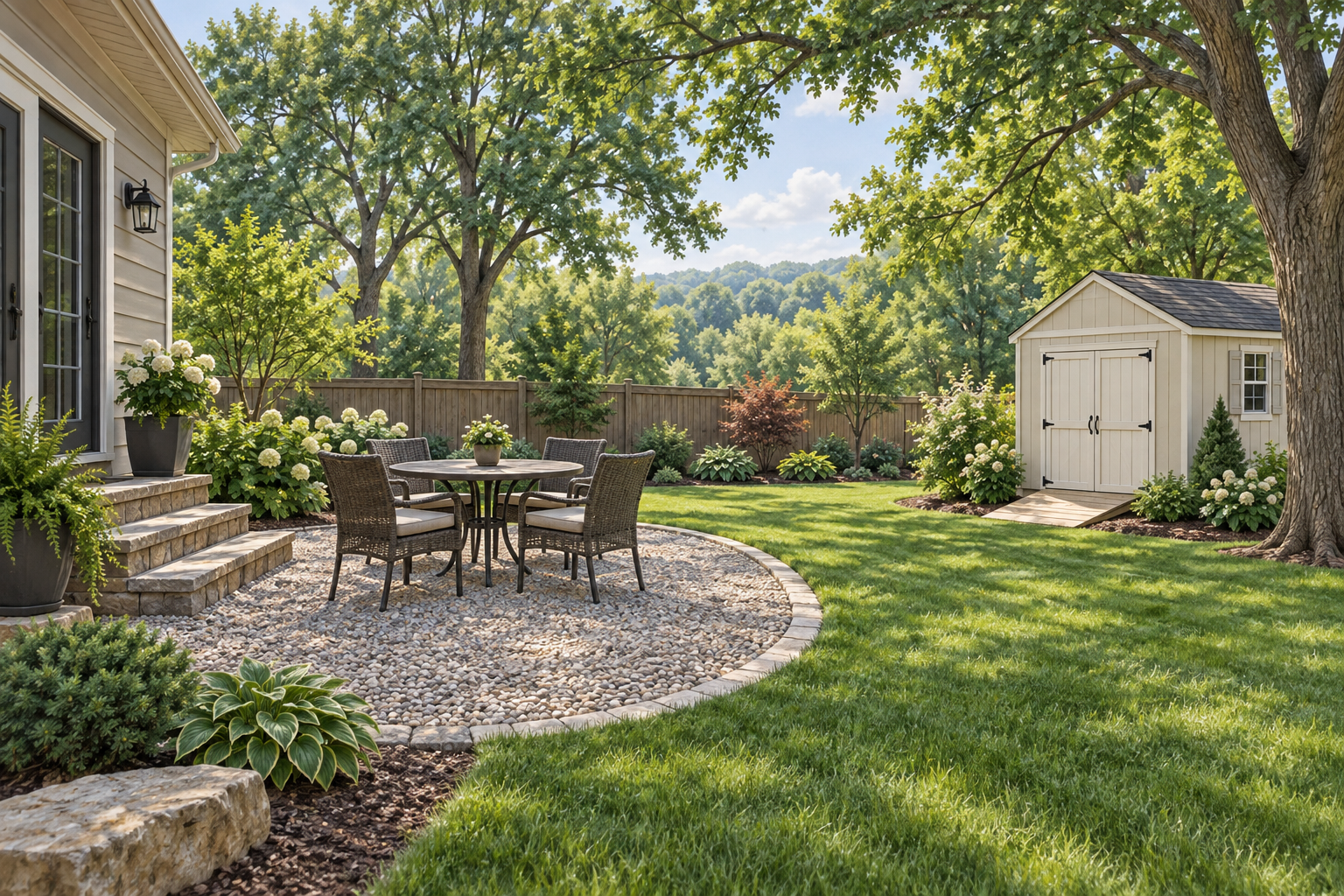 Illustrative backyard with a gravel patio, round table and cream storage shed; not a customer property photograph. Illustrative backyard with a gravel patio, round table and cream storage shed; not a customer property photograph.