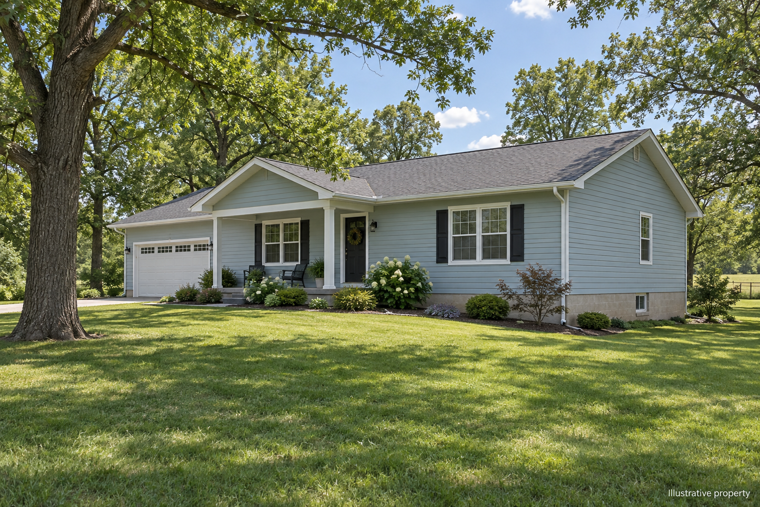Illustrative blue ranch home and lawn in a Missouri-style setting; not a customer property photograph.