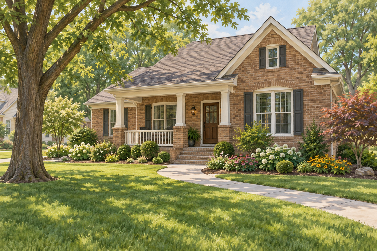 Illustrative warm-brown brick home with a covered porch, white trim and flower beds; not a customer property photograph.
