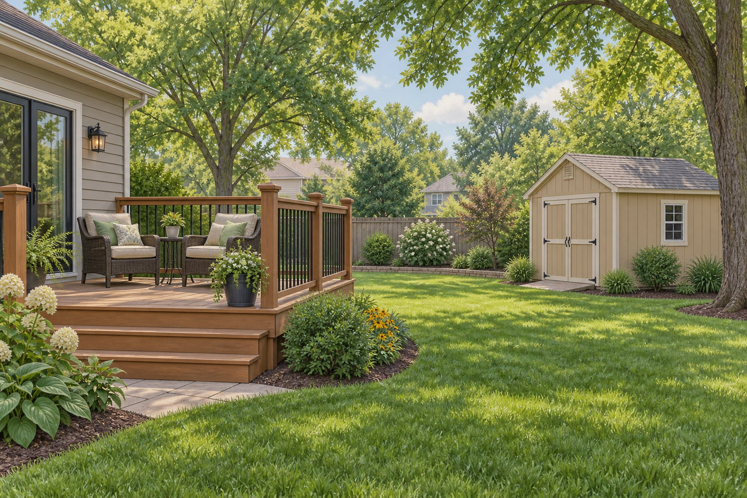Illustrative backyard with a wooden deck, two patio chairs and tan shed; not a customer property photograph.