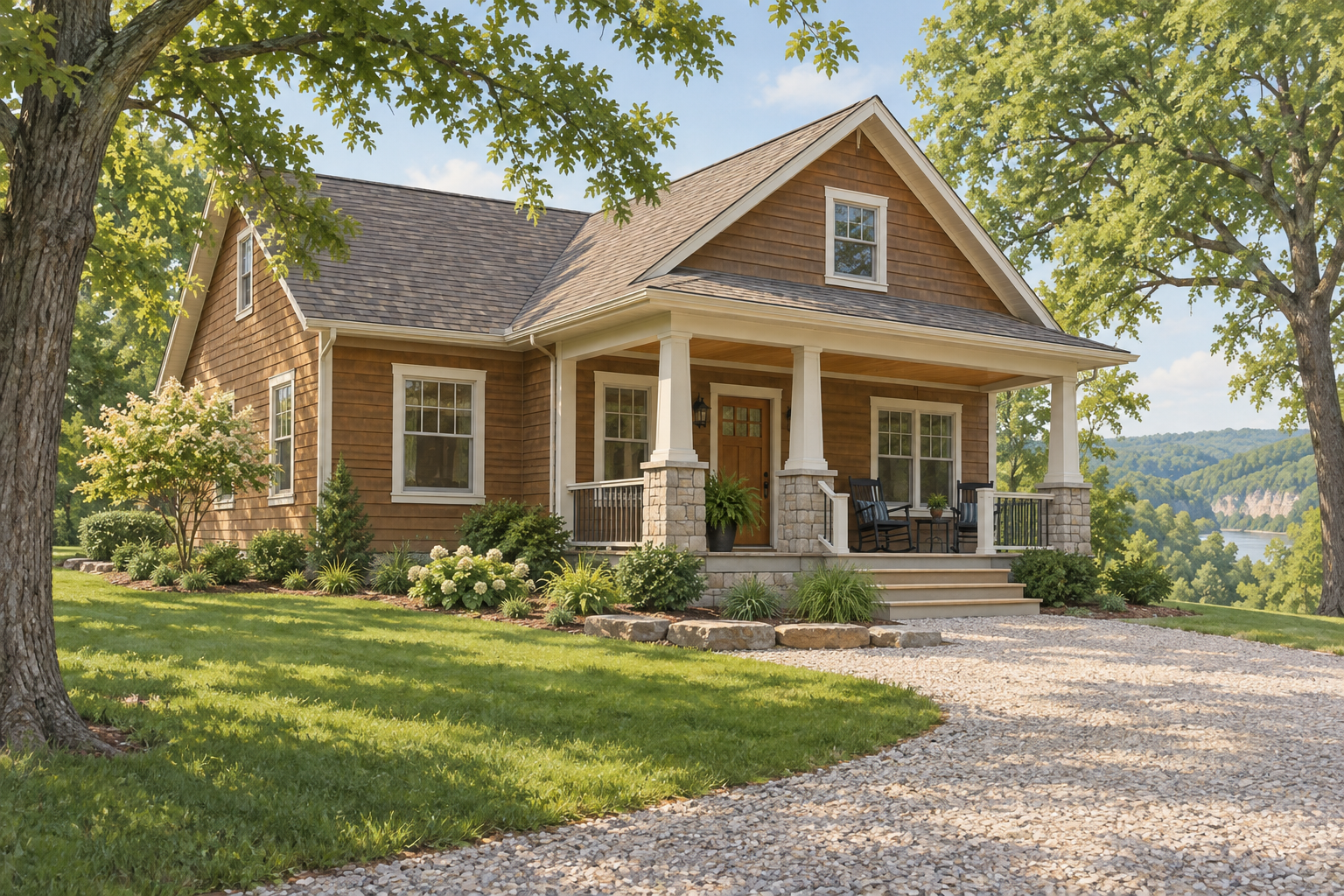 Illustrative cedar-sided home with a covered porch and gravel approach; not a customer property photograph.