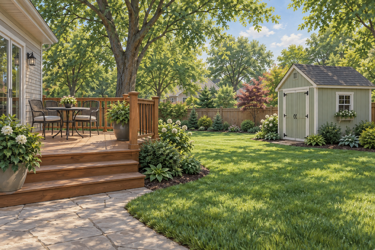 Illustrative backyard with a cedar deck, round patio table and pale-green shed; not a customer property photograph.