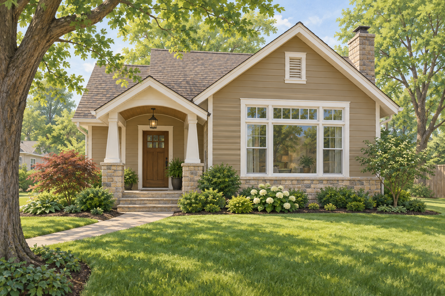 Illustrative clay-colored cottage with white trim, broad front window and covered entrance; not a customer property photograph.
