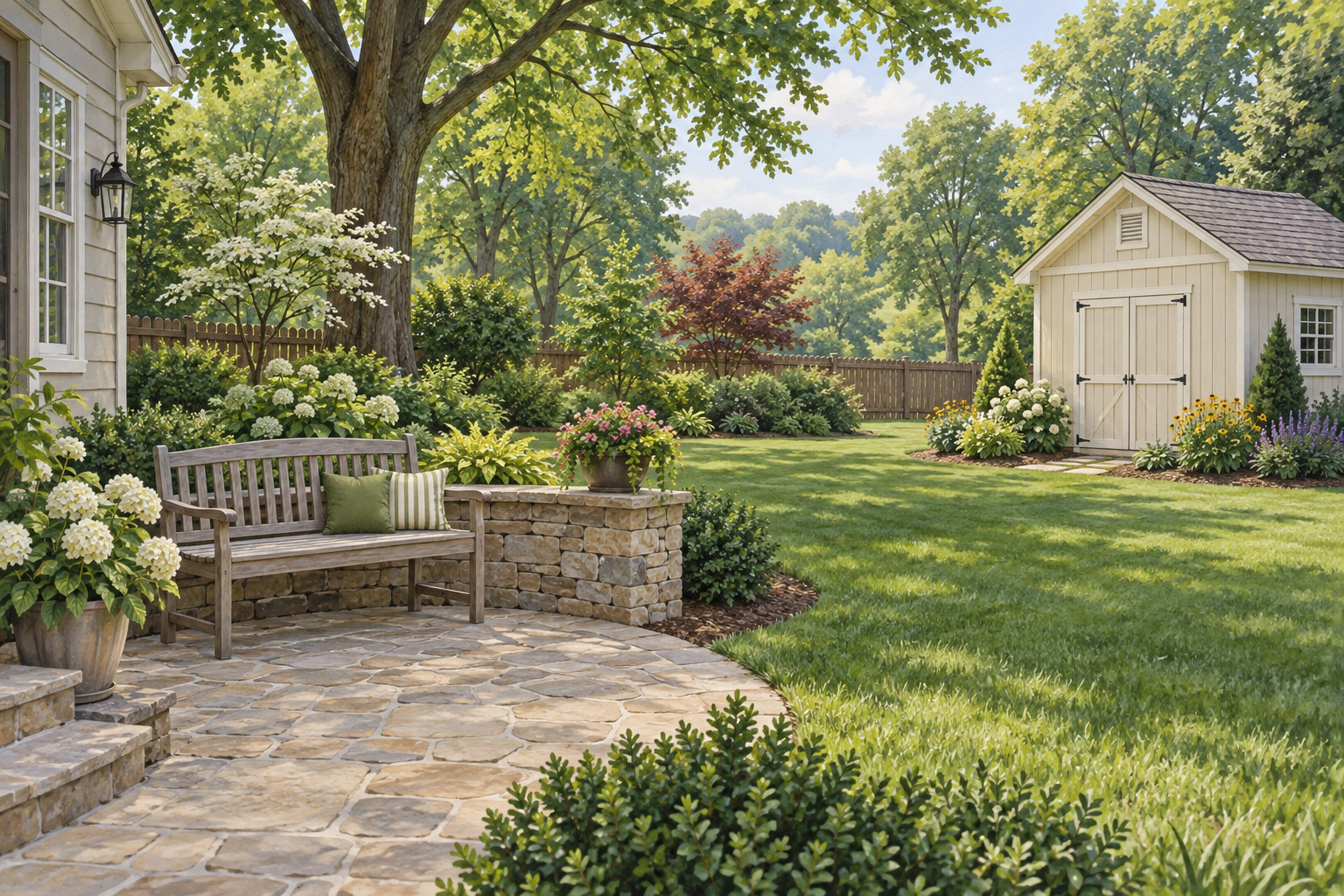 Illustrative backyard with a stone patio, garden bench and cream-colored shed; not a customer property photograph.