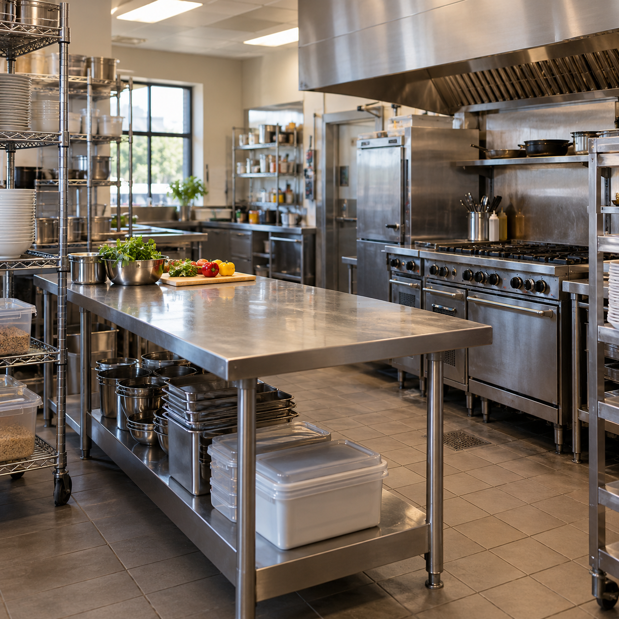 Illustrative restaurant kitchen with stainless steel preparation tables; not a customer property photograph.