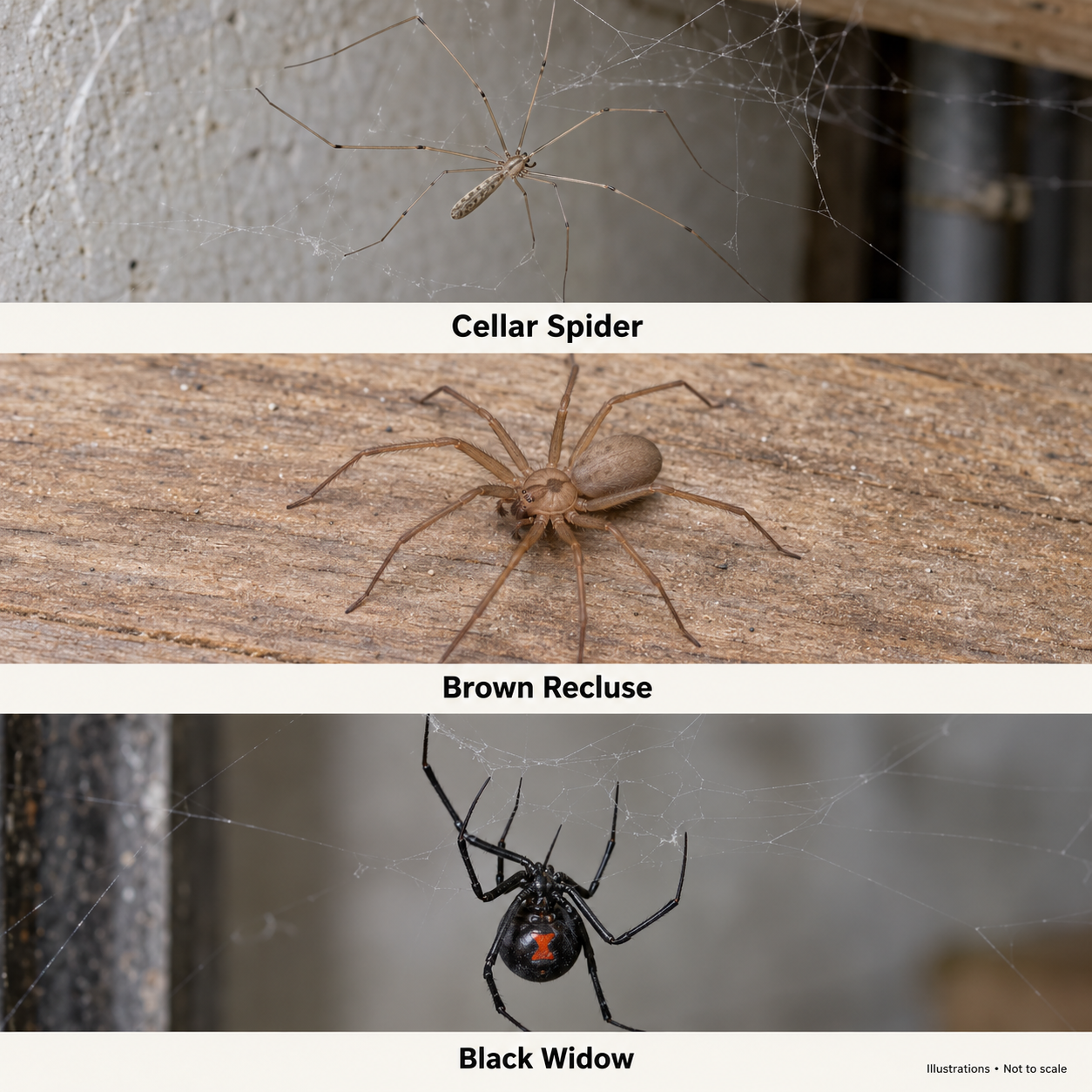 Illustrations of a cellar spider, brown recluse, and black widow, labeled and not to scale Illustrations of a cellar spider, brown recluse, and black widow, labeled and not to scale