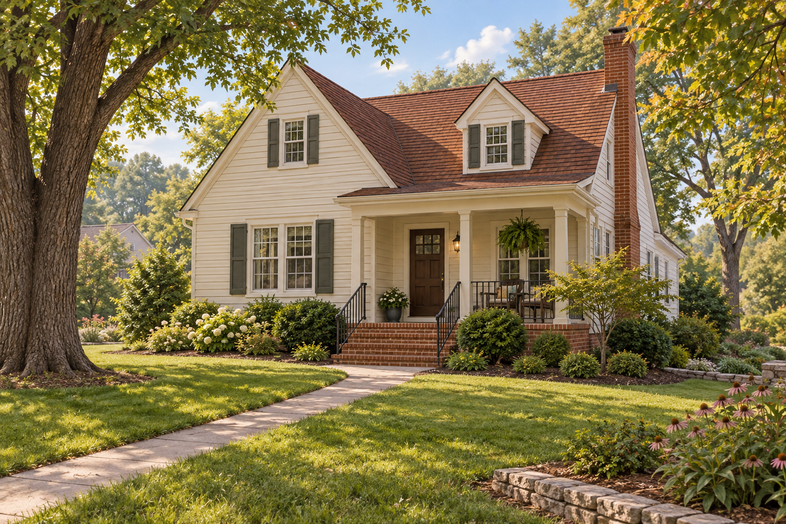Illustrative cream home with a small porch, brick steps and paved walkway; not a customer property photograph. Illustrative cream home with a small porch, brick steps and paved walkway; not a customer property photograph.