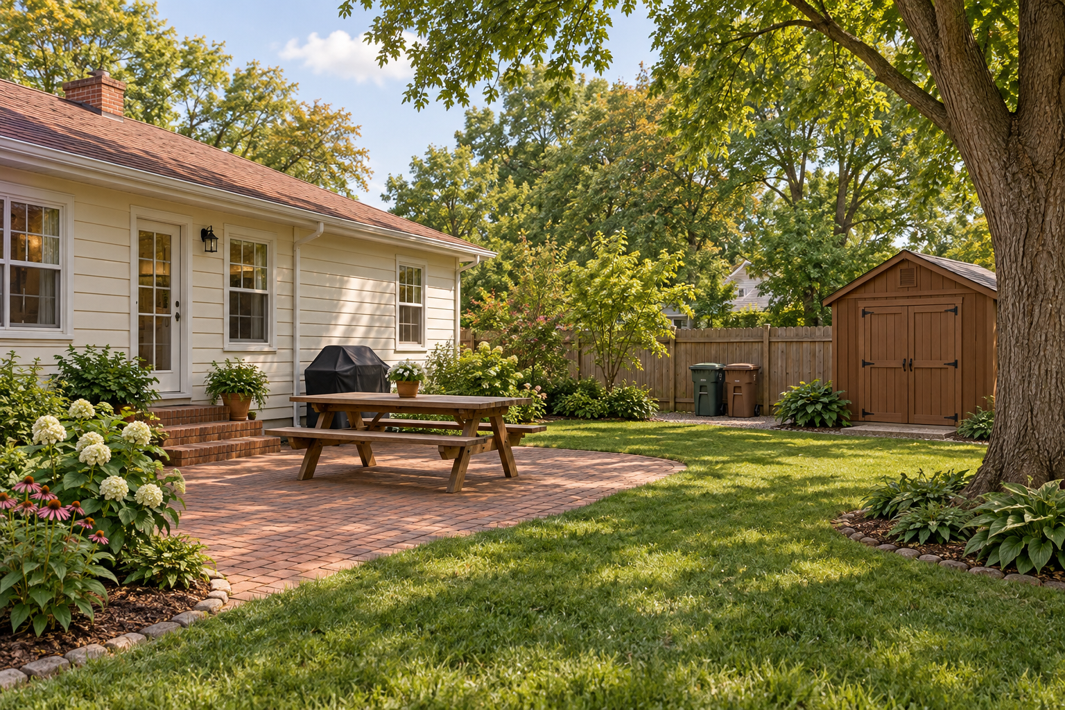Illustrative cream-home backyard with a brick patio, picnic table and storage shed; not a customer property photograph. Illustrative cream-home backyard with a brick patio, picnic table and storage shed; not a customer property photograph.
