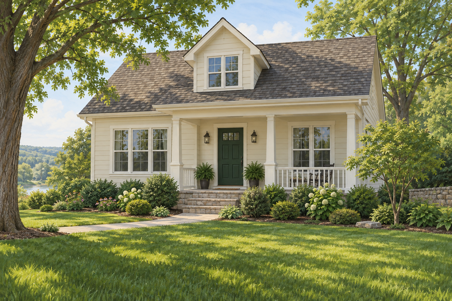 Illustrative cream-sided home with a dormer, green door and front porch; not a customer property photograph.