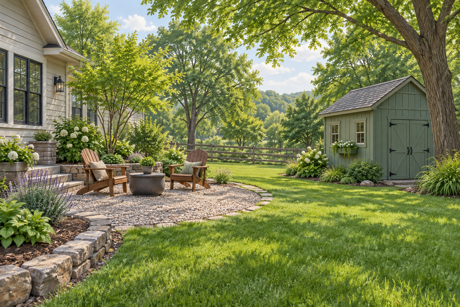 Illustrative backyard with a gravel seating patio, two wooden chairs and green shed; not a customer property photograph.