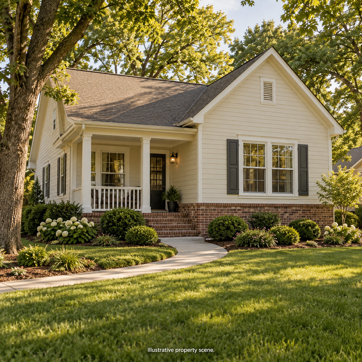 Illustrative Missouri cottage with a small front porch, green lawn and maintained shrubs