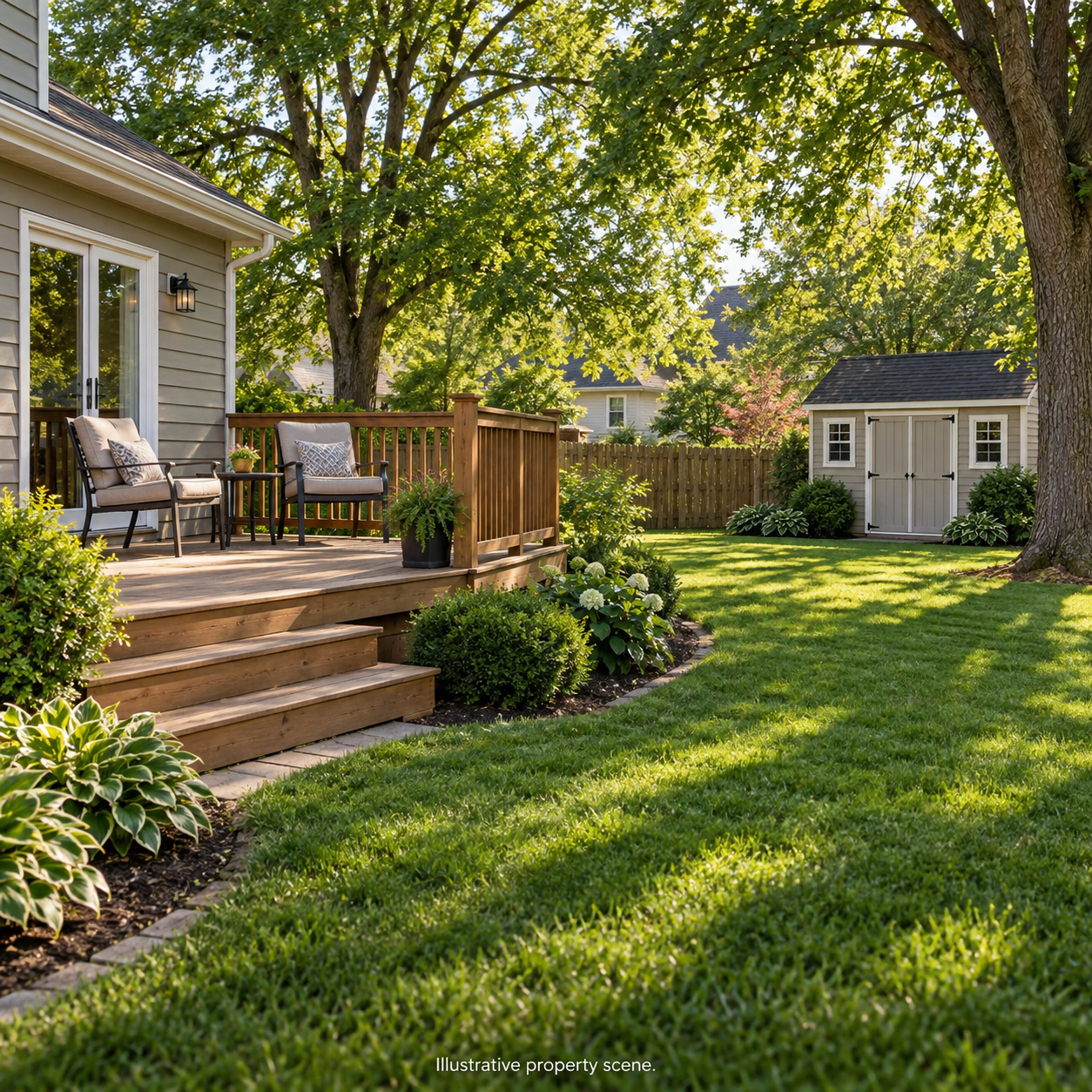 Illustrative Missouri backyard with a wooden deck, patio chairs and a garden shed