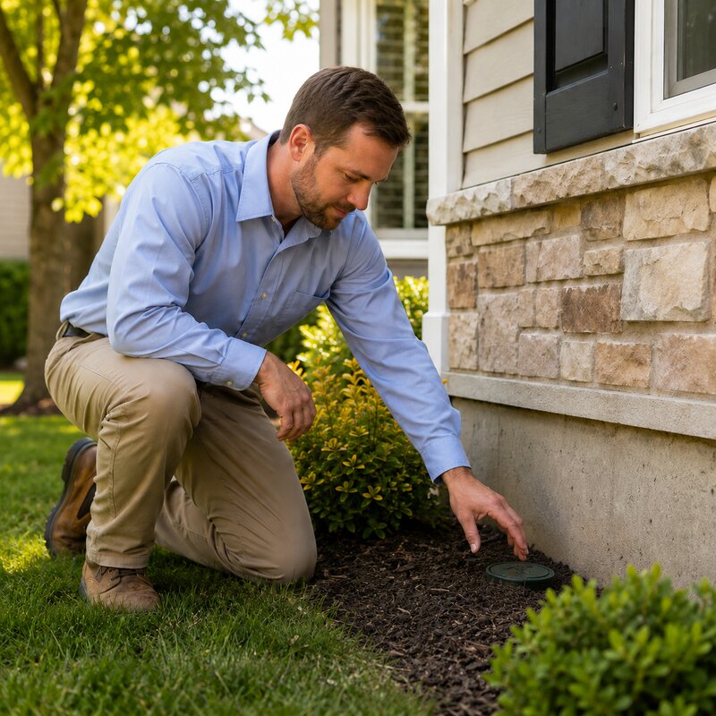 Technician inspecting an in-ground Sentricon termite bait station