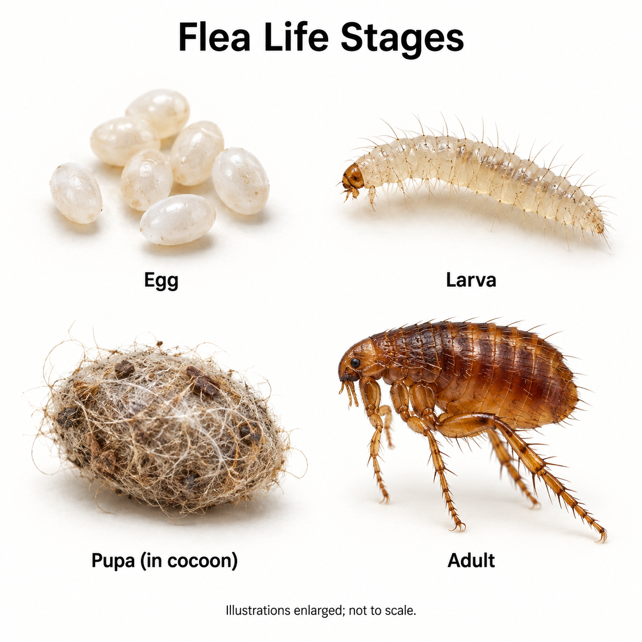 Illustration of flea life stages: egg, larva, pupa in a cocoon, and adult. Enlarged, not to scale. Illustration of flea life stages: egg, larva, pupa in a cocoon, and adult. Enlarged, not to scale.