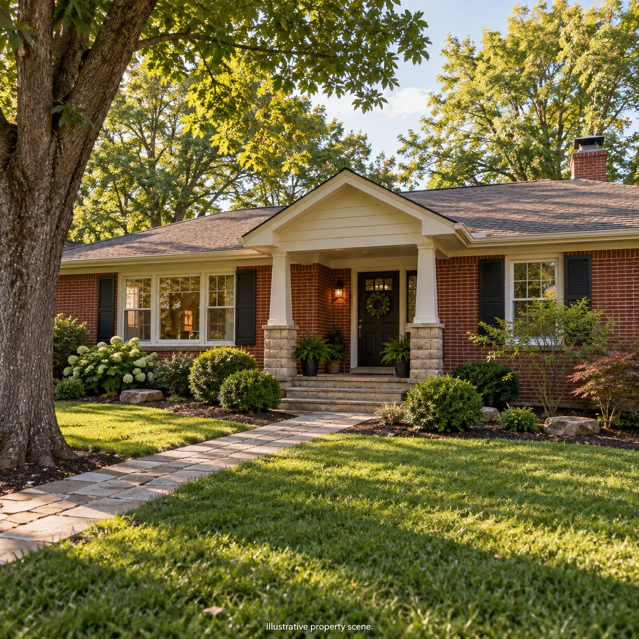Illustrative Missouri brick home with a welcoming front entry and maintained landscaping