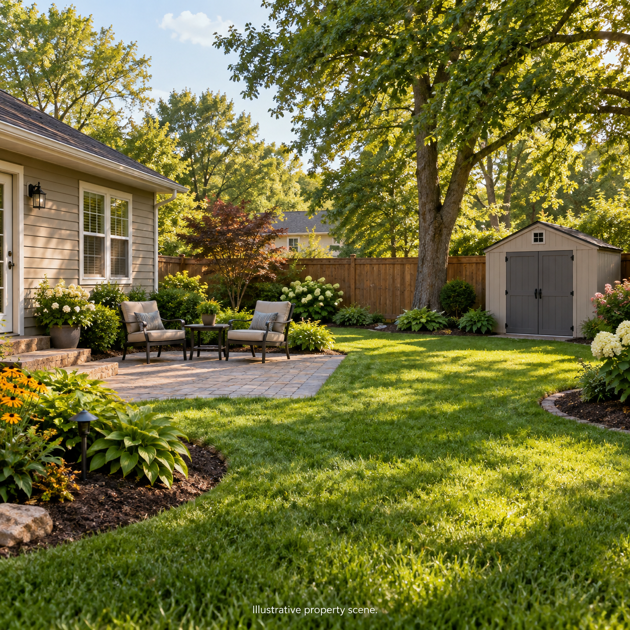 Illustrative Missouri backyard with a tidy patio, lawn and garden storage shed