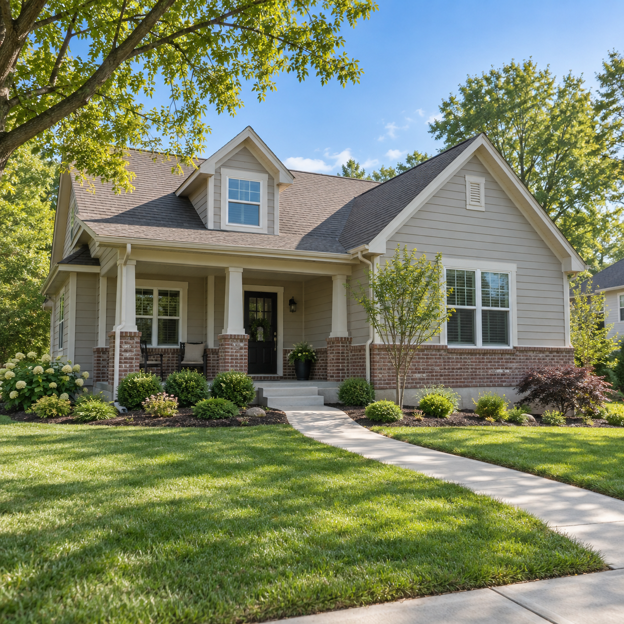 Illustrative Midwestern home exterior with a front porch, lawn, and maintained landscaping Illustrative Midwestern home exterior with a front porch, lawn, and maintained landscaping