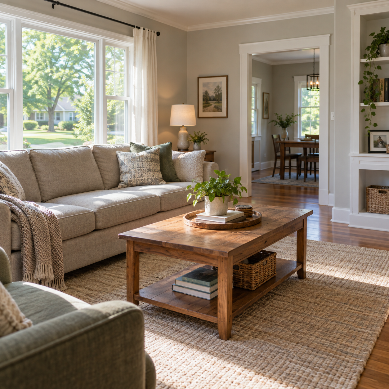 Illustrative home interior with a comfortable living room, hardwood floors, and natural daylight Illustrative home interior with a comfortable living room, hardwood floors, and natural daylight