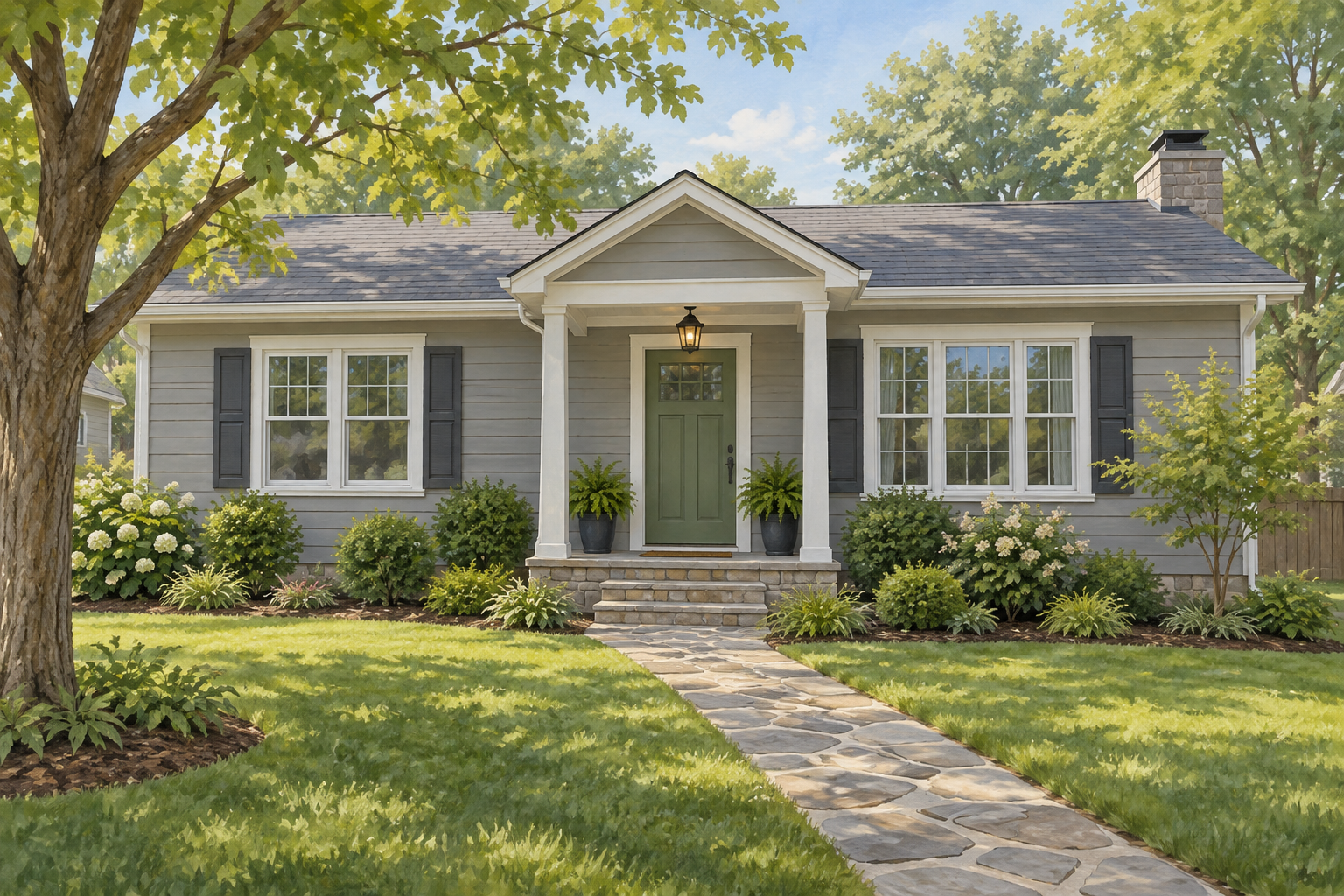 Illustrative gray home with a green door, covered entry and stone walkway; not a customer property photograph.