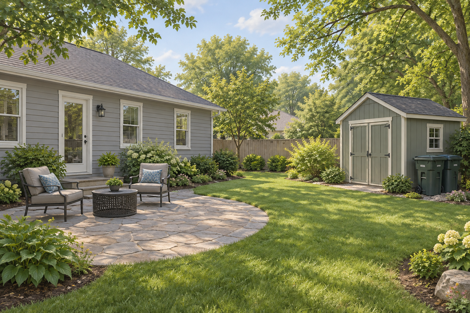 Illustrative gray-home backyard with a stone patio, chairs and garden shed; not a customer property photograph.