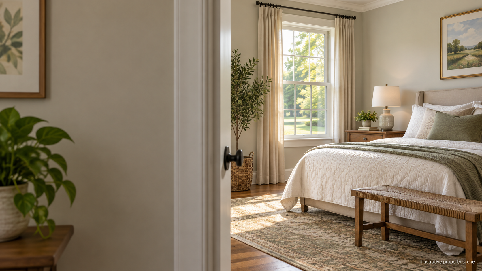 Illustrative bedroom interior; not a customer property photograph. Illustrative bedroom interior; not a customer property photograph.