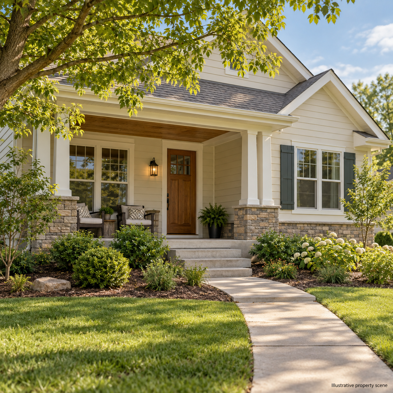 Illustrative home entrance and landscaped front walk; not a customer property photograph. Illustrative home entrance and landscaped front walk; not a customer property photograph.