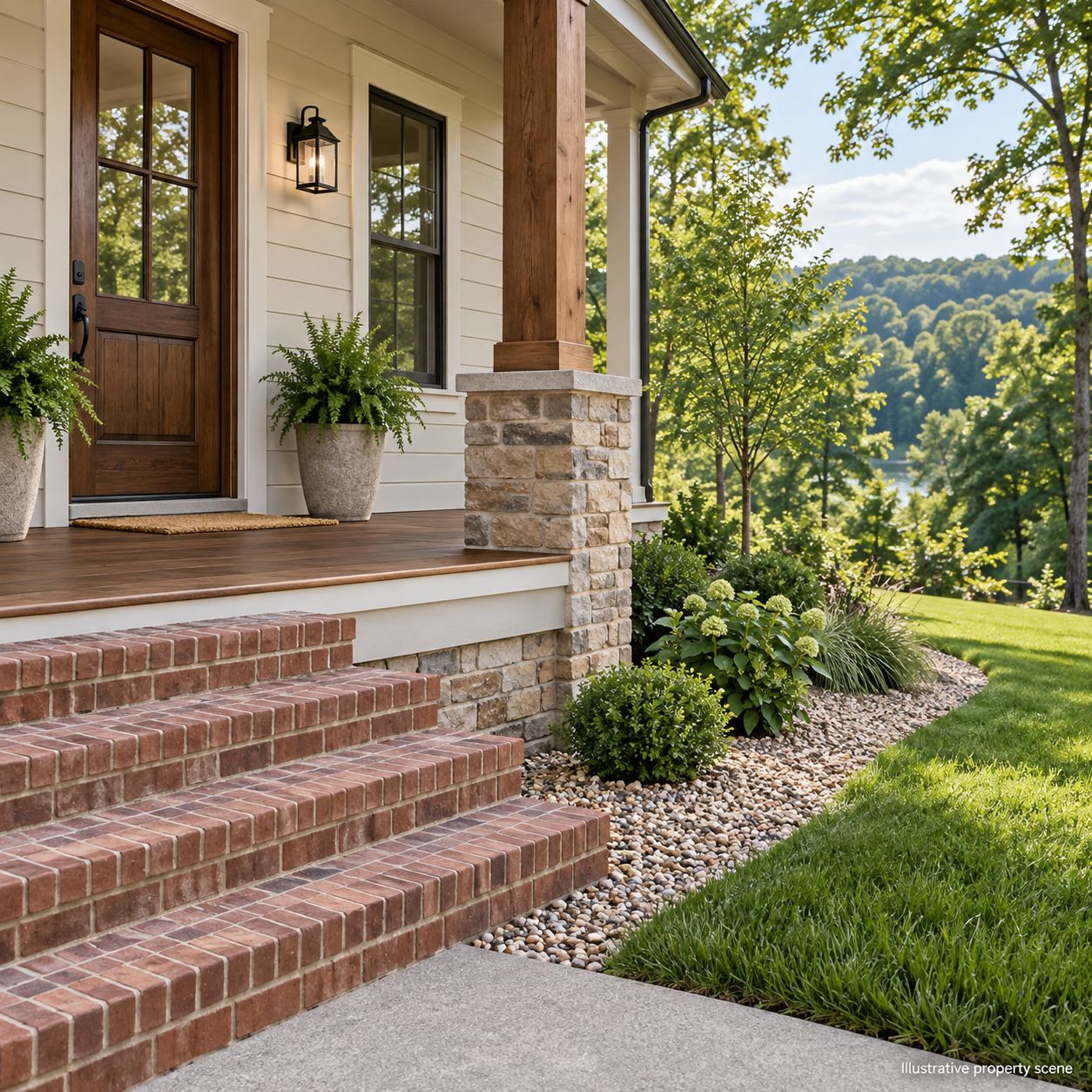 Illustrative porch, foundation, and landscaped yard; not a customer property photograph. Illustrative porch, foundation, and landscaped yard; not a customer property photograph.
