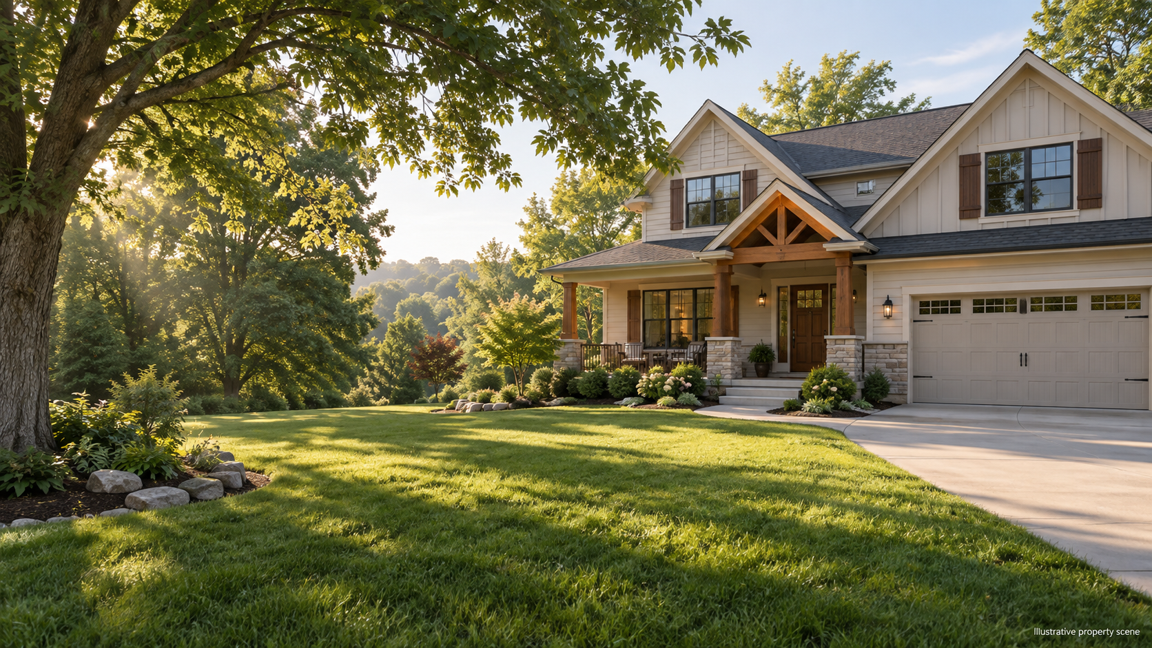 Illustrative Missouri-style house and lawn; not a customer property photograph.