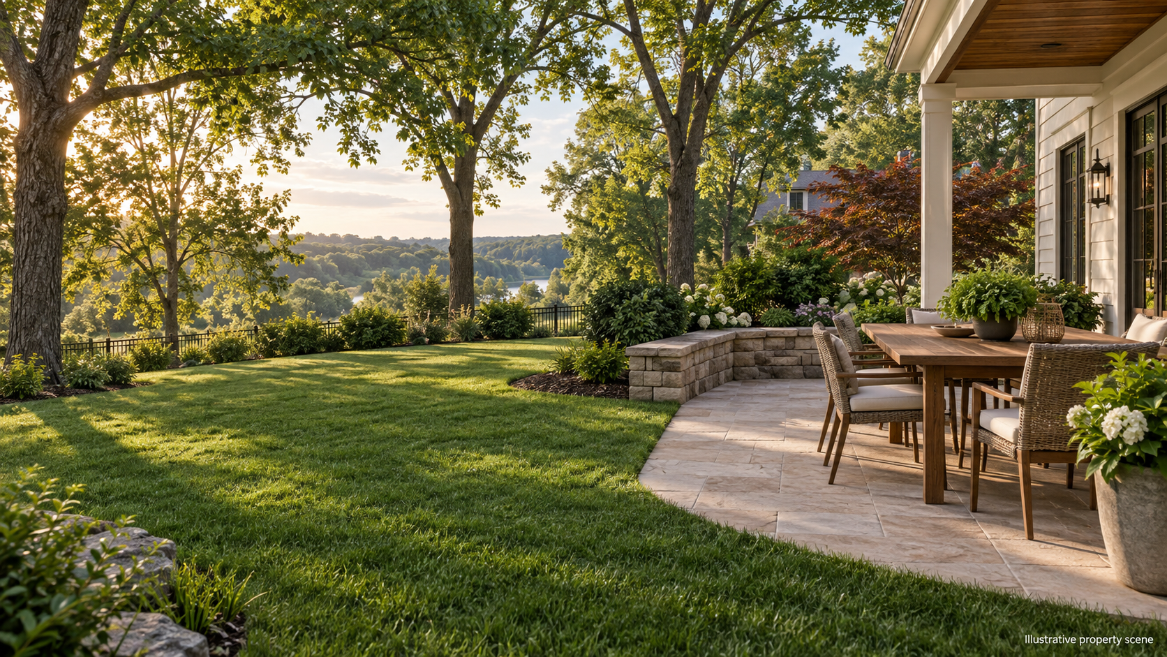 Illustrative backyard patio and lawn; not a customer property photograph.