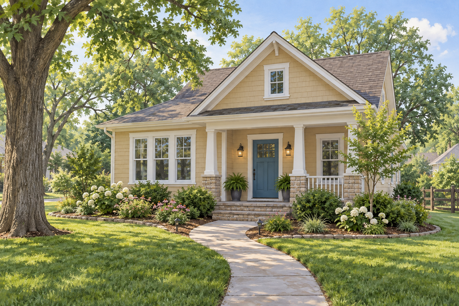 Illustration of a honey-beige cottage with a blue door and front garden path; not a customer property photograph. Illustration of a honey-beige cottage with a blue door and front garden path; not a customer property photograph.