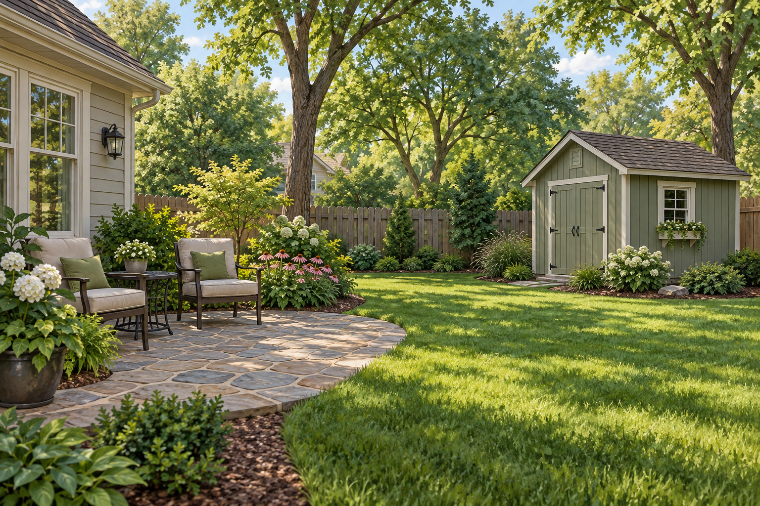Illustrative cottage and landscaped yard; not a customer property photograph. Illustrative cottage and landscaped yard; not a customer property photograph.