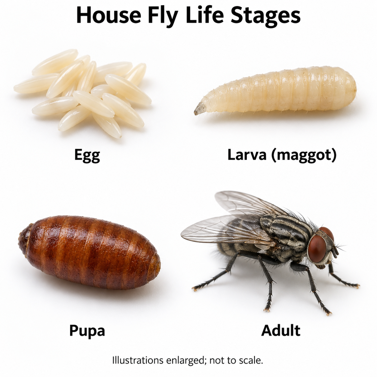 Realistic illustration of house fly egg, larva (maggot), pupa, and adult life stages; enlarged and not to scale