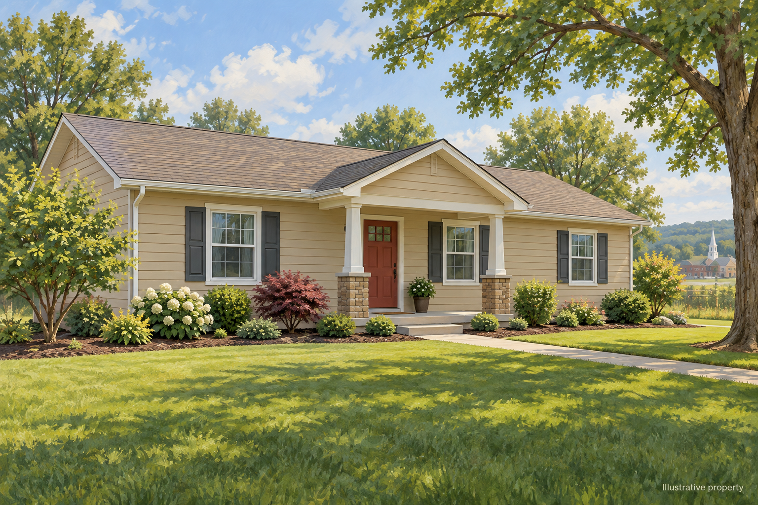 Illustrative Missouri ranch home with a front porch, red door and maintained green lawn Illustrative Missouri ranch home with a front porch, red door and maintained green lawn