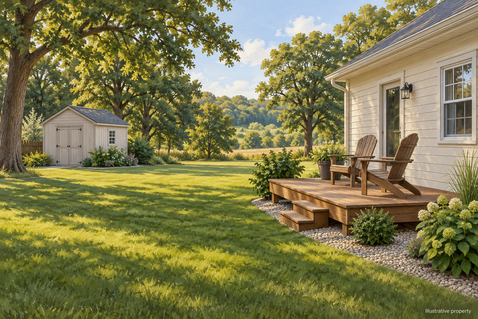 Illustrative Missouri backyard with a wooden deck, two chairs, green lawn and garden shed Illustrative Missouri backyard with a wooden deck, two chairs, green lawn and garden shed