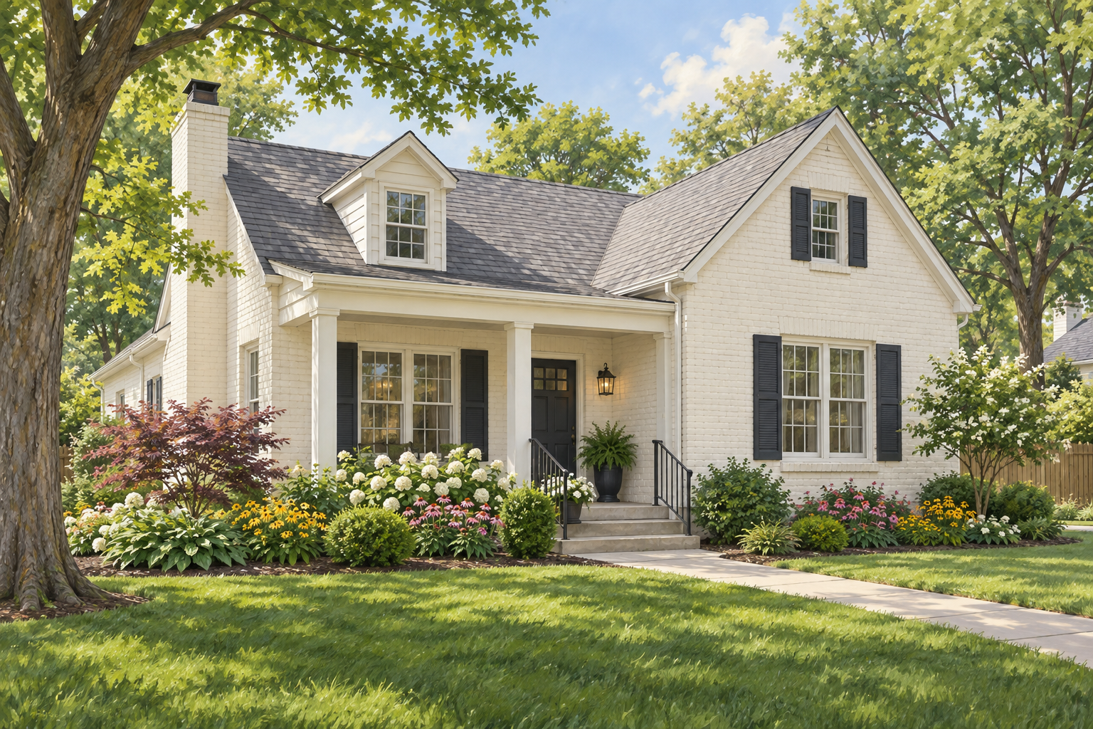Illustrative ivory-painted brick home with a gray roof, front porch and flower borders; not a customer property photograph. Illustrative ivory-painted brick home with a gray roof, front porch and flower borders; not a customer property photograph.