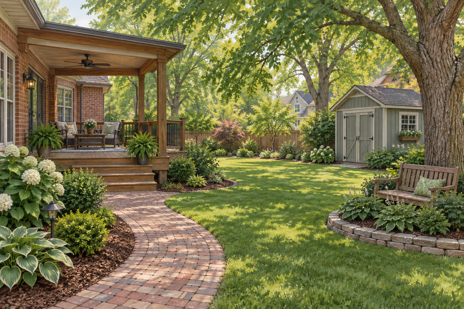 Illustrative backyard with a brick path, shaded wooden deck, bench and gray-green shed; not a customer property photograph. Illustrative backyard with a brick path, shaded wooden deck, bench and gray-green shed; not a customer property photograph.