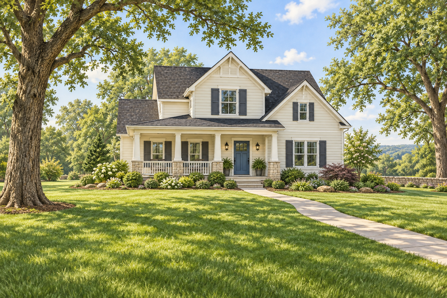 Illustrative Missouri home with a covered porch, blue door, curved walkway and mature trees Illustrative Missouri home with a covered porch, blue door, curved walkway and mature trees