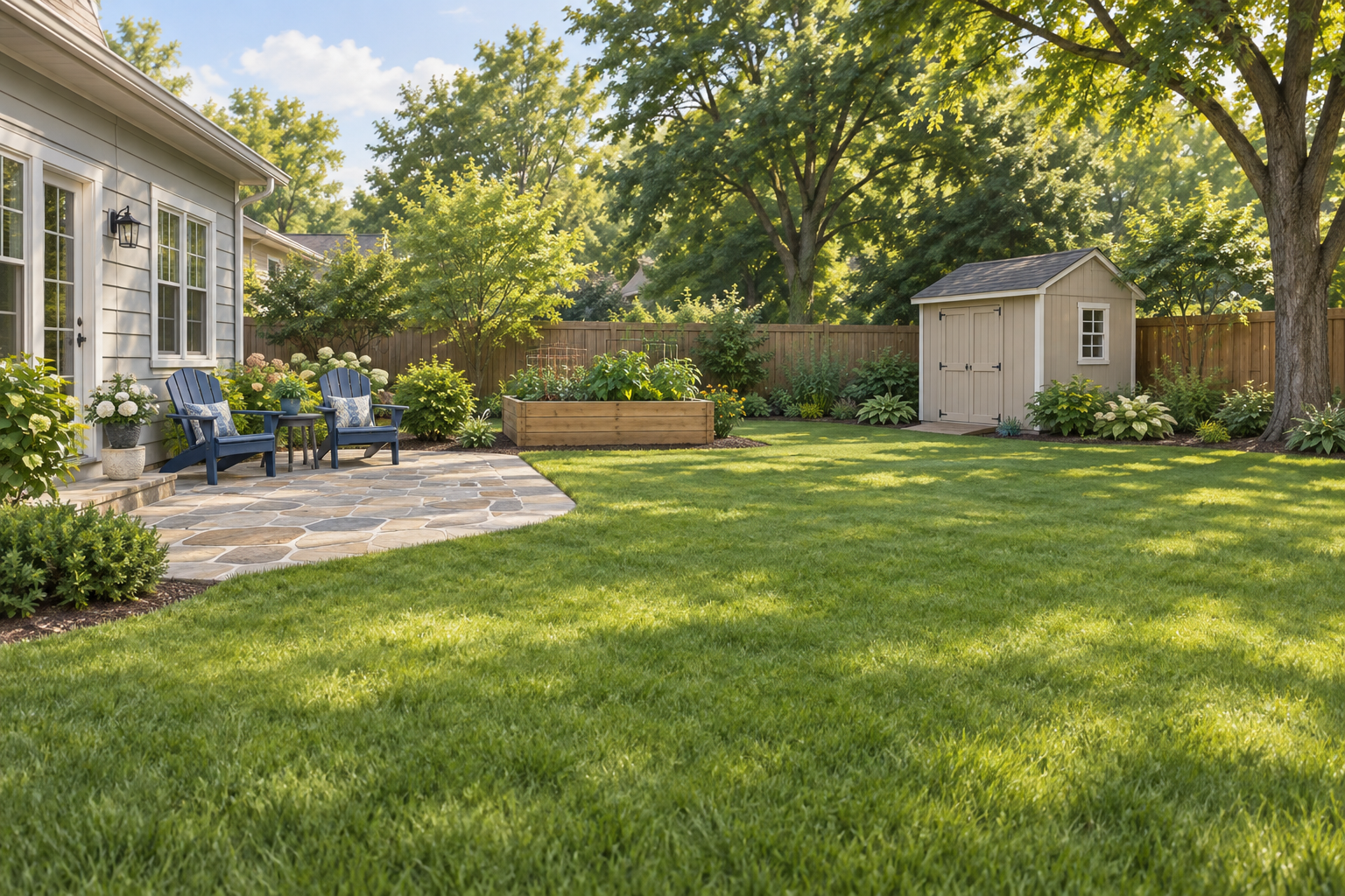 Illustrative Missouri backyard with a stone patio, blue chairs, raised garden bed and tan shed Illustrative Missouri backyard with a stone patio, blue chairs, raised garden bed and tan shed