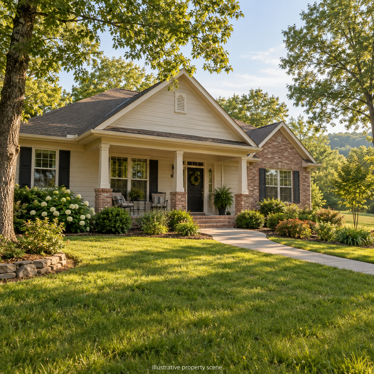 Illustrative cream-sided home with a covered porch and landscaped walkway; not a customer property photograph. Illustrative cream-sided home with a covered porch and landscaped walkway; not a customer property photograph.