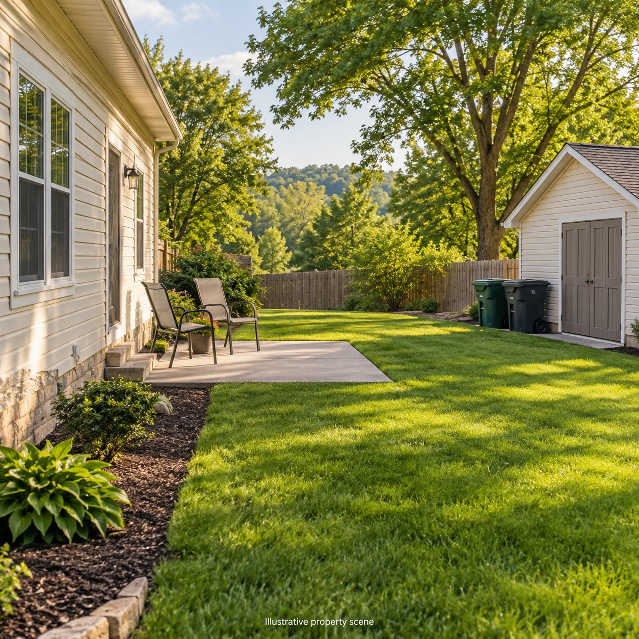 Illustrative tidy backyard with a patio, shed, and closed trash bins; not a customer property photograph. Illustrative tidy backyard with a patio, shed, and closed trash bins; not a customer property photograph.