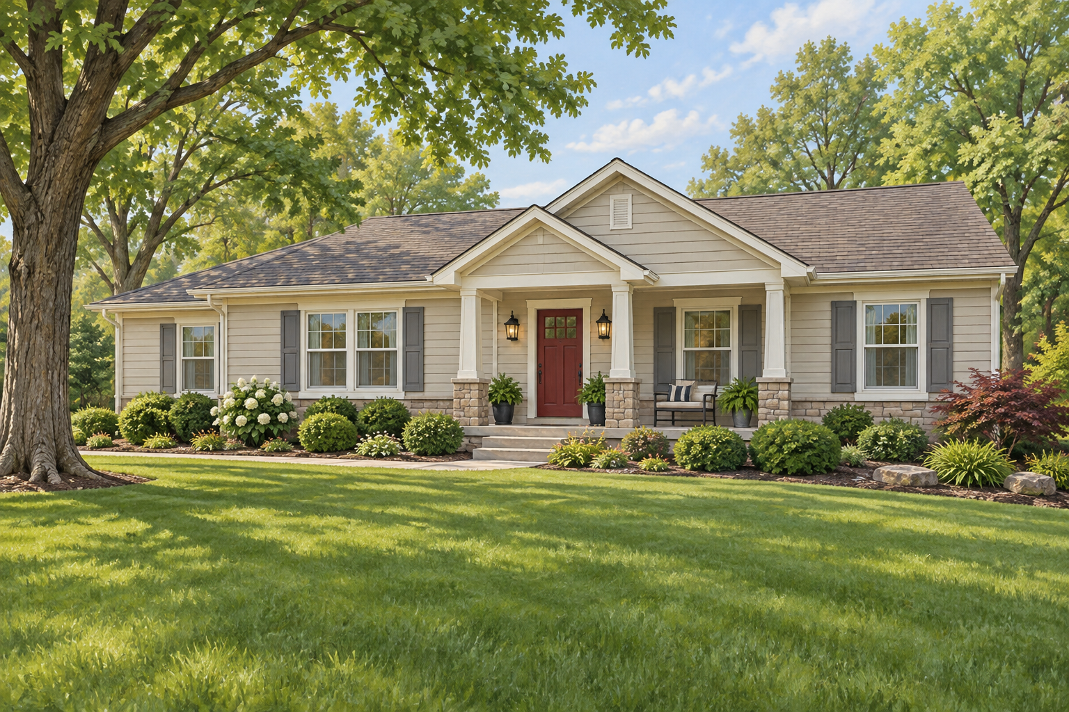Illustrative linen-colored ranch home with a dark-red door, gray shutters and front porch; not a customer property photograph. Illustrative linen-colored ranch home with a dark-red door, gray shutters and front porch; not a customer property photograph.