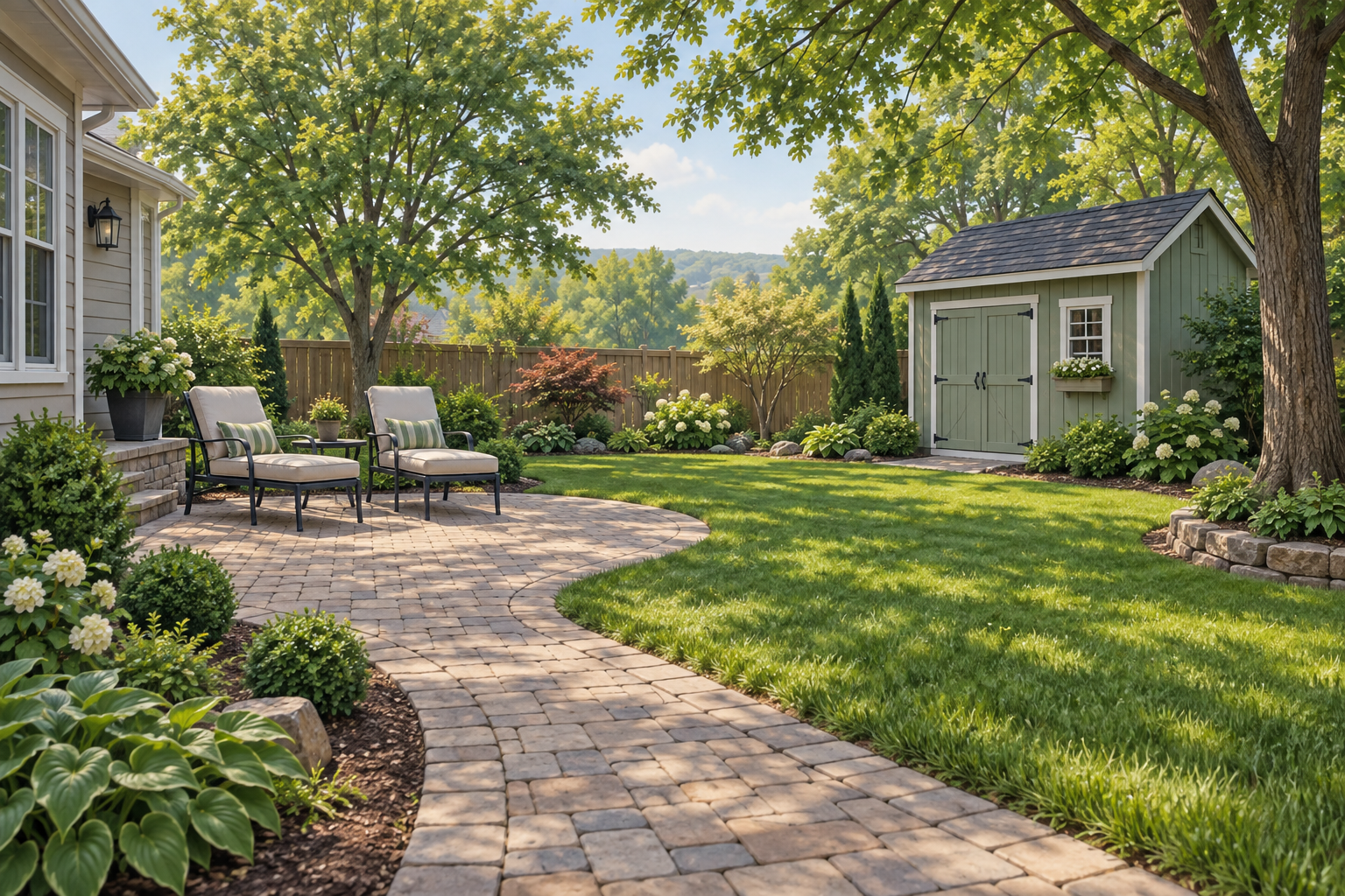 Illustrative backyard with a paver walkway, two lounge chairs and sage-green shed; not a customer property photograph. Illustrative backyard with a paver walkway, two lounge chairs and sage-green shed; not a customer property photograph.