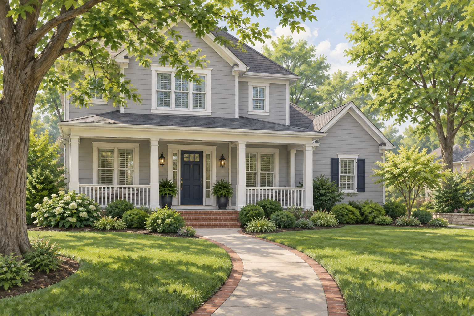 Illustrative mist-gray home with a navy door, white porch railing and brick-edged path; not a customer property photograph.