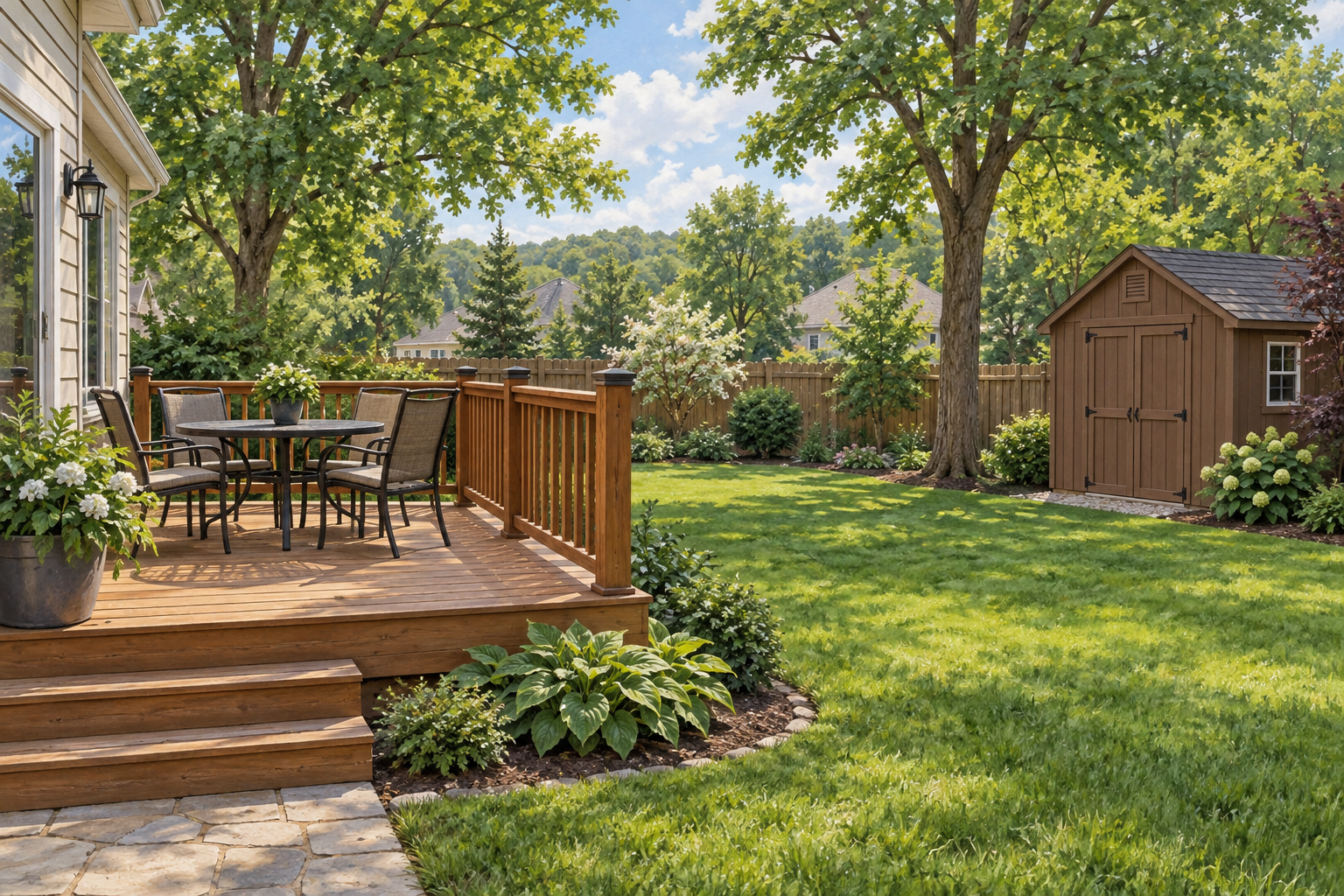 Illustrative backyard with a wooden deck, round patio table and brown shed; not a customer property photograph.