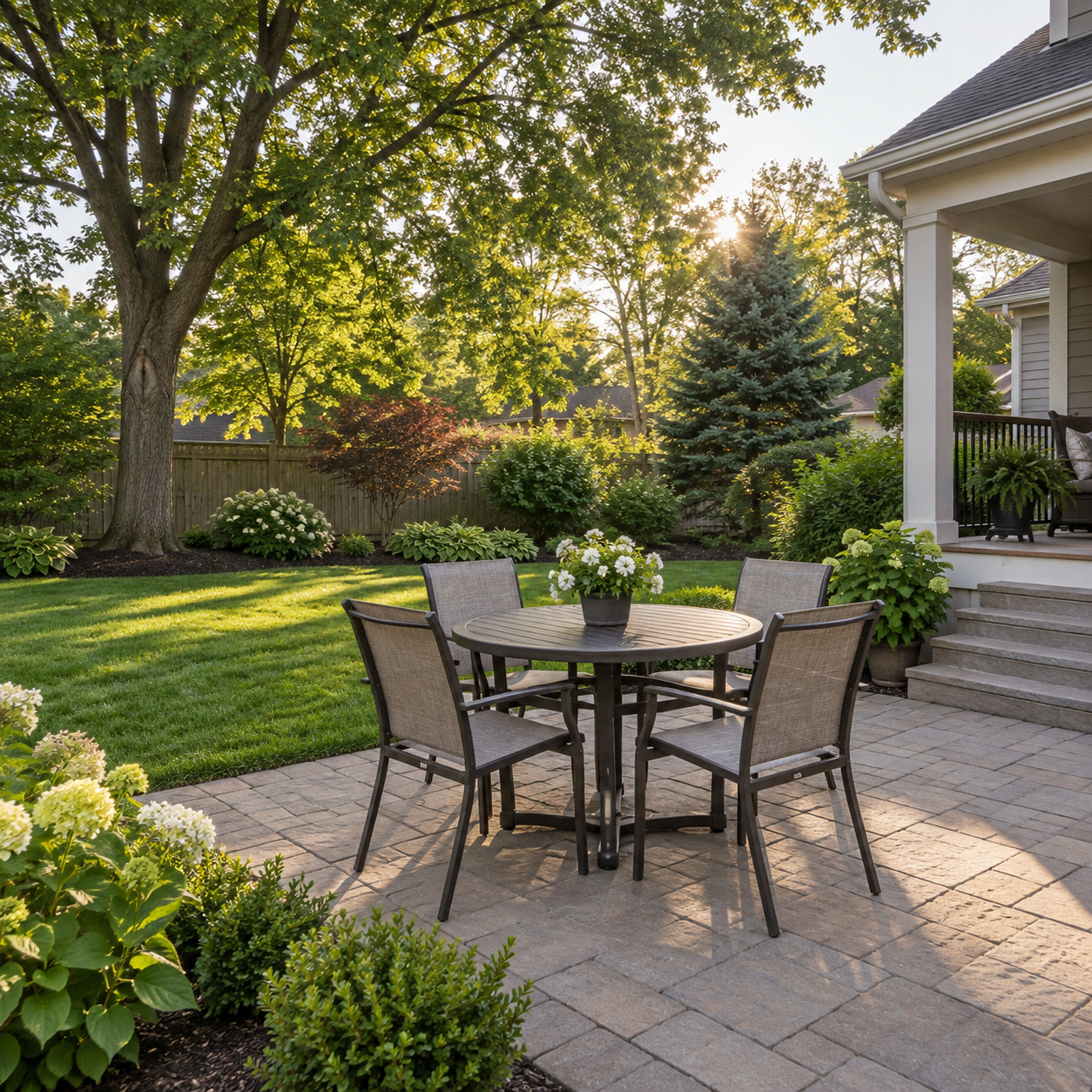 Illustrative backyard patio beside a home with lawn and trees Illustrative backyard patio beside a home with lawn and trees