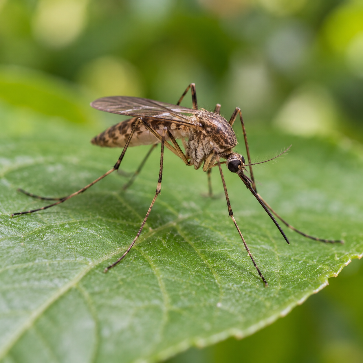 Realistic illustration of a mosquito resting on a green leaf Realistic illustration of a mosquito resting on a green leaf