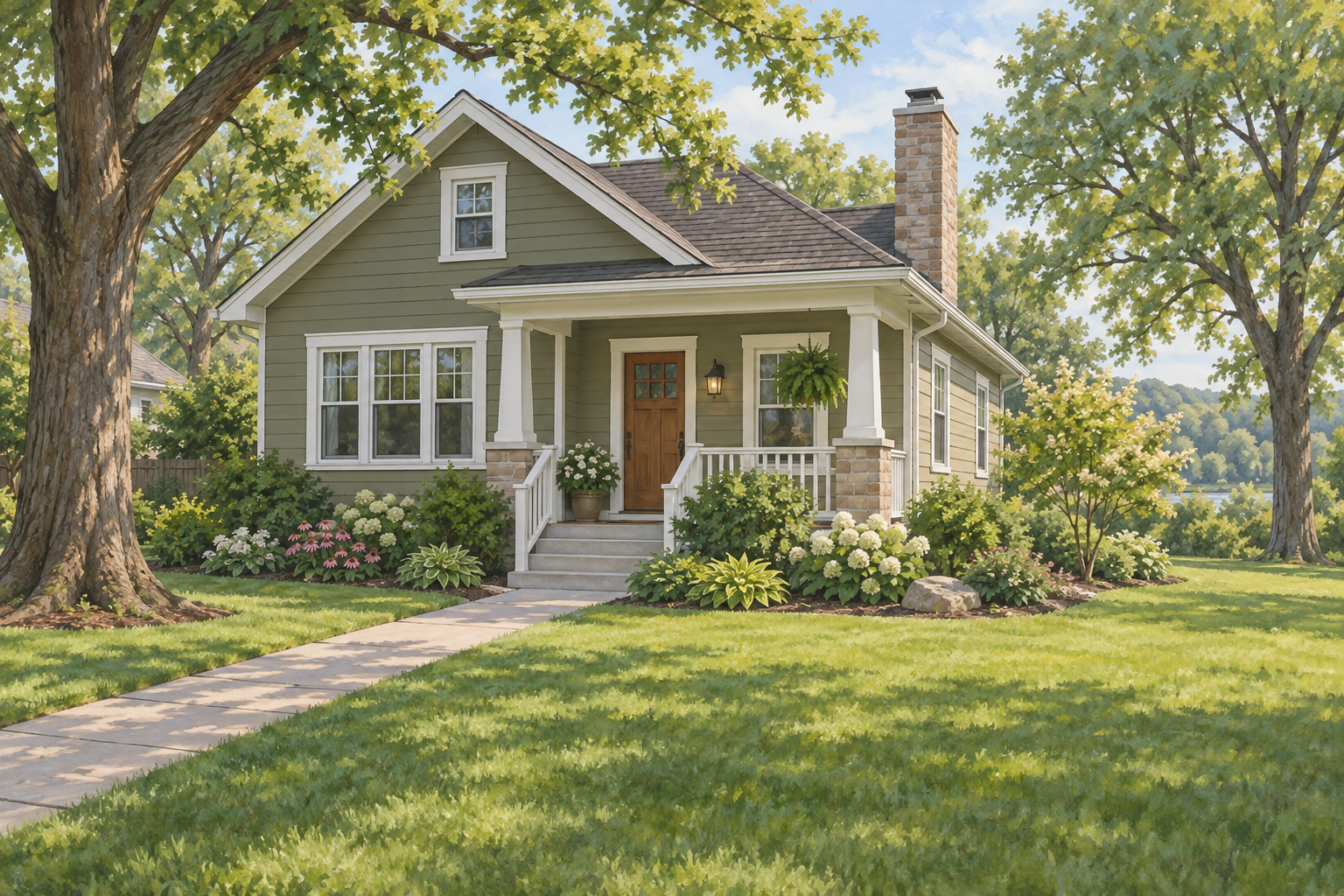 Illustrative olive cottage with white trim and a front porch; not a customer property photograph.